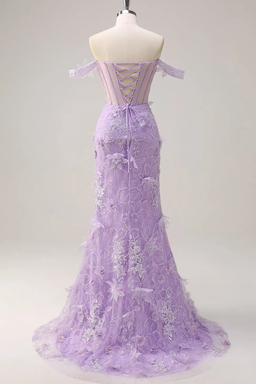 Lilás Fora do Ombro Sereia Long Corset Prom Dress com 3D Appliques Fenda