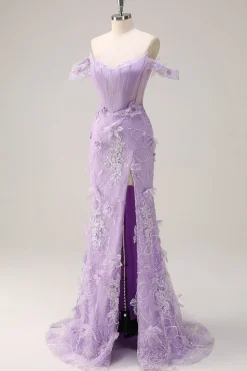 Lilás Fora do Ombro Sereia Long Corset Prom Dress com 3D Appliques Fenda