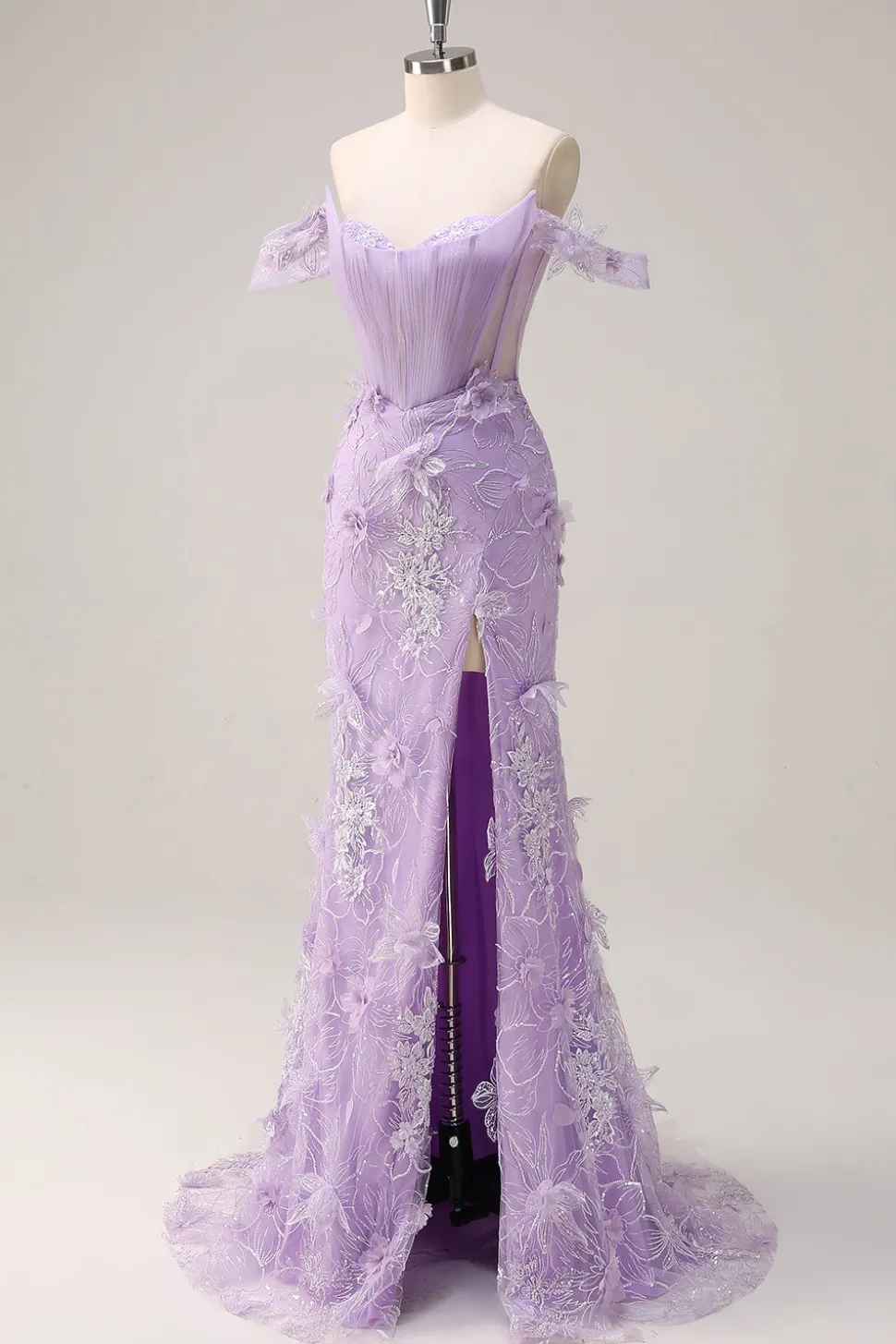 Lilás Fora do Ombro Sereia Long Corset Prom Dress com 3D Appliques Fenda