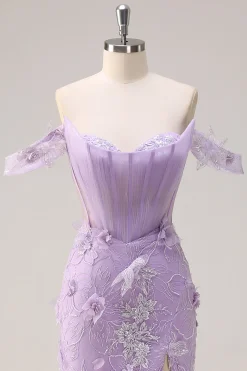 Lilás Fora do Ombro Sereia Long Corset Prom Dress com 3D Appliques Fenda