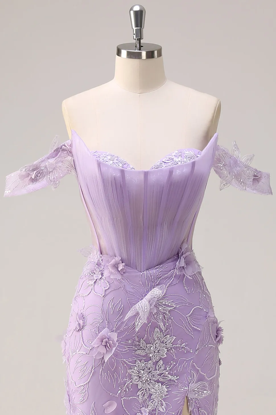 Lilás Fora do Ombro Sereia Long Corset Prom Dress com 3D Appliques Fenda