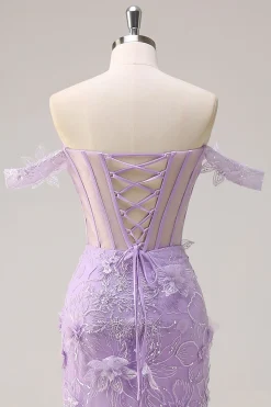 Lilás Fora do Ombro Sereia Long Corset Prom Dress com 3D Appliques Fenda