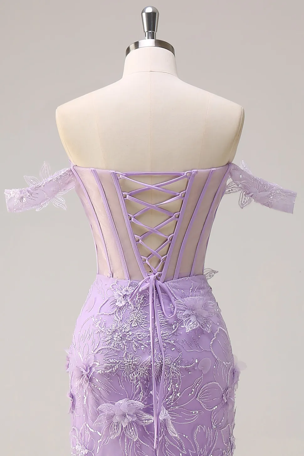 Lilás Fora do Ombro Sereia Long Corset Prom Dress com 3D Appliques Fenda