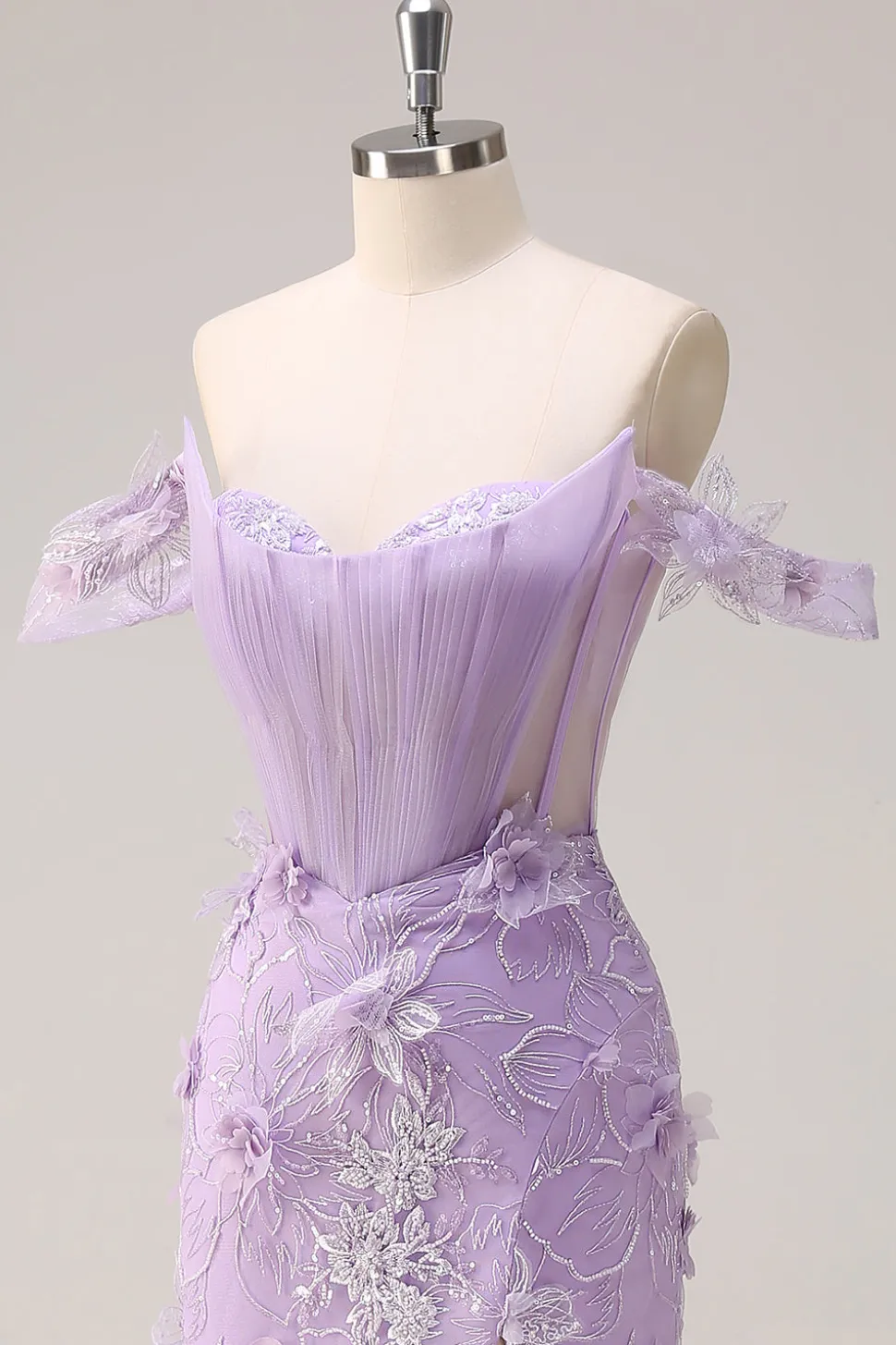 Lilás Fora do Ombro Sereia Long Corset Prom Dress com 3D Appliques Fenda