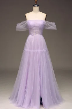 Lilás Fora do Ombro Uma Linha Tule Princesa Vestido de Baile Com Fenda