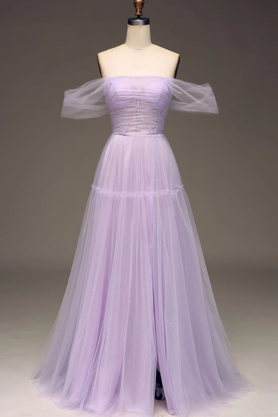 Lilás Fora do Ombro Uma Linha Tule Princesa Vestido de Baile Com Fenda