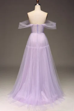 Lilás Fora do Ombro Uma Linha Tule Princesa Vestido de Baile Com Fenda