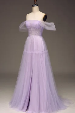 Lilás Fora do Ombro Uma Linha Tule Princesa Vestido de Baile Com Fenda
