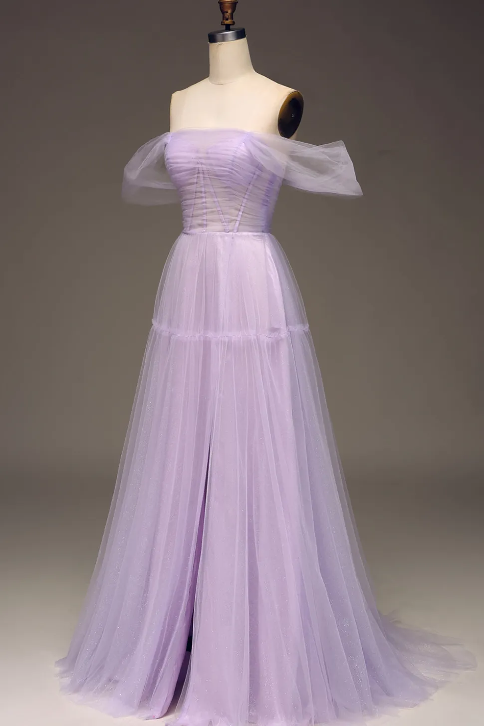 Lilás Fora do Ombro Uma Linha Tule Princesa Vestido de Baile Com Fenda