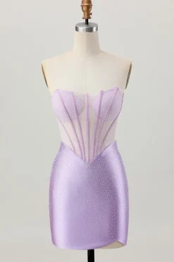 Lilás frisado espartilho sem alças curto cetim homecoming vestido