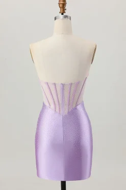 Lilás frisado espartilho sem alças curto cetim homecoming vestido
