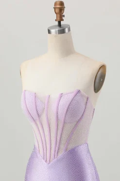 Lilás frisado espartilho sem alças curto cetim homecoming vestido