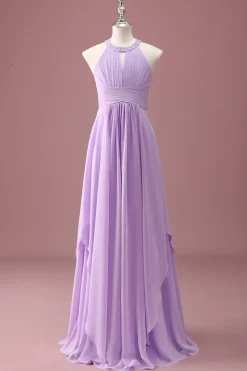 Lilás frisado Keyhole Halter A Line Long plissado Junior Bridesmaid Dress