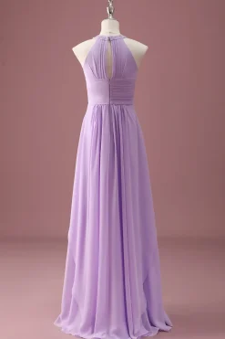 Lilás frisado Keyhole Halter A Line Long plissado Junior Bridesmaid Dress