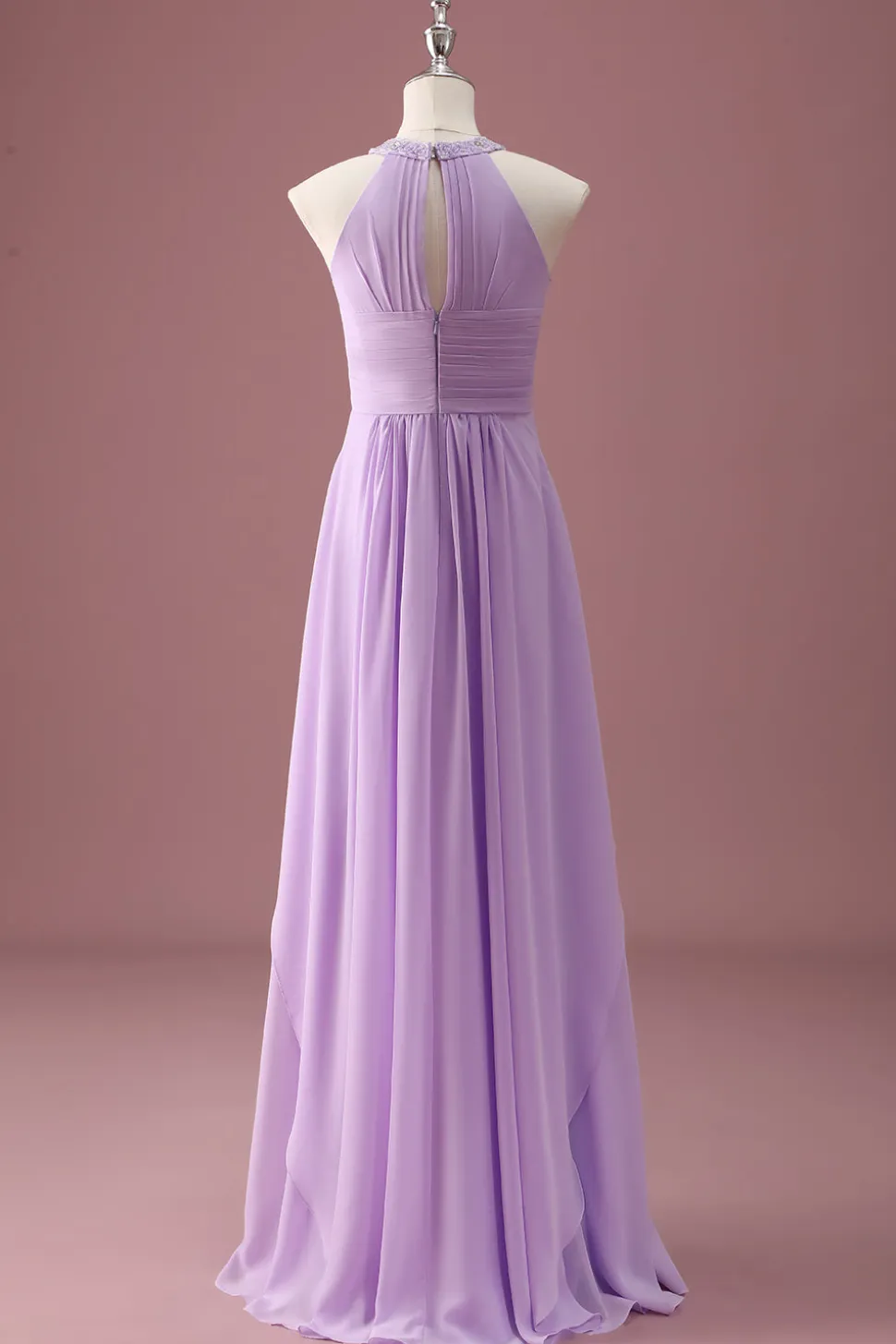 Lilás frisado Keyhole Halter A Line Long plissado Junior Bridesmaid Dress