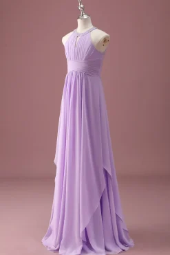 Lilás frisado Keyhole Halter A Line Long plissado Junior Bridesmaid Dress