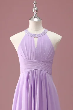 Lilás frisado Keyhole Halter A Line Long plissado Junior Bridesmaid Dress