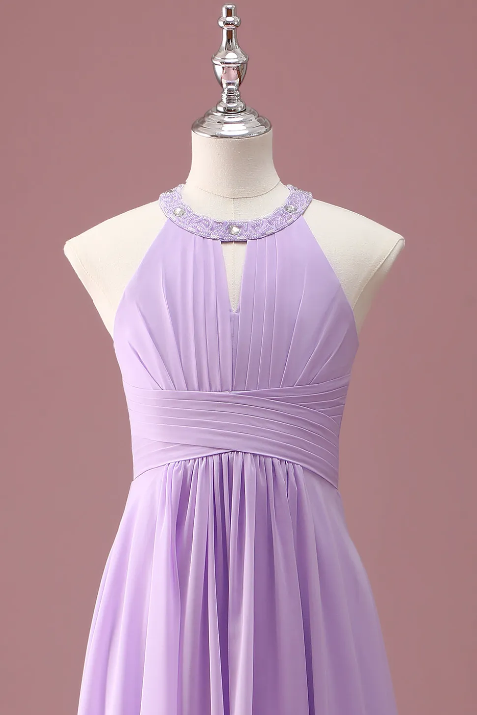 Lilás frisado Keyhole Halter A Line Long plissado Junior Bridesmaid Dress