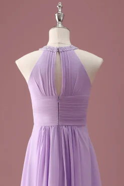 Lilás frisado Keyhole Halter A Line Long plissado Junior Bridesmaid Dress