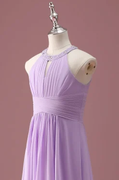 Lilás frisado Keyhole Halter A Line Long plissado Junior Bridesmaid Dress