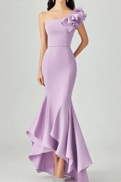 Lilás Ombro Inclinado Sereia Ruffles Vestido Formal