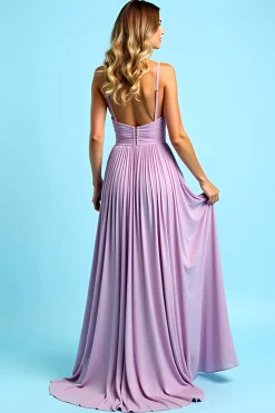 Lilás Open Back Ruched Spaghetti Strapless Vestido Longo Madrinha com Fenda