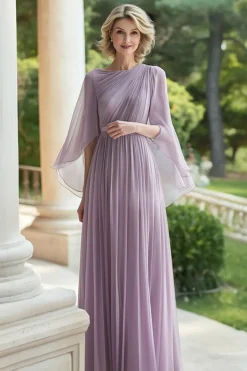 Lilás Plissado Linha-A Chiffon Longo Vestido Mae Noiva