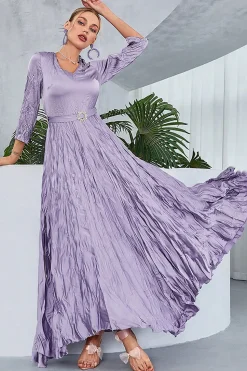 Lilás plissado uma linha de mangas compridas vestido de baile