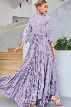 Lilás plissado uma linha de mangas compridas vestido de baile