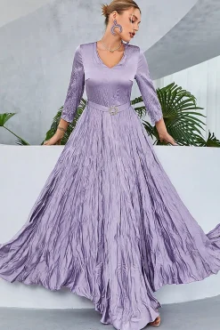 Lilás plissado uma linha de mangas compridas vestido de baile