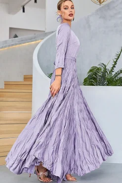 Lilás plissado uma linha de mangas compridas vestido de baile