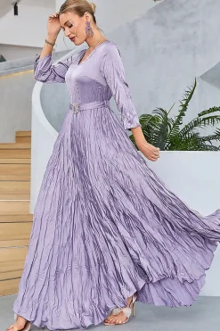 Lilás plissado uma linha de mangas compridas vestido de baile