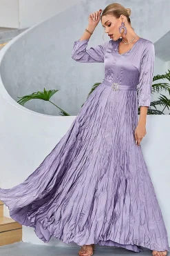 Lilás plissado uma linha de mangas compridas vestido de baile