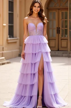 Lilás Renda Tule Sem Alças Longo Vestido De Baile com Fenda