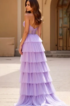Lilás Renda Tule Sem Alças Longo Vestido De Baile com Fenda