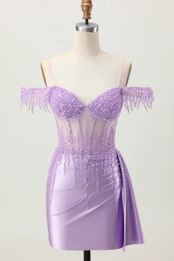Lilás Sequins Ombro frio frisado espartilho curto Homecoming Dress