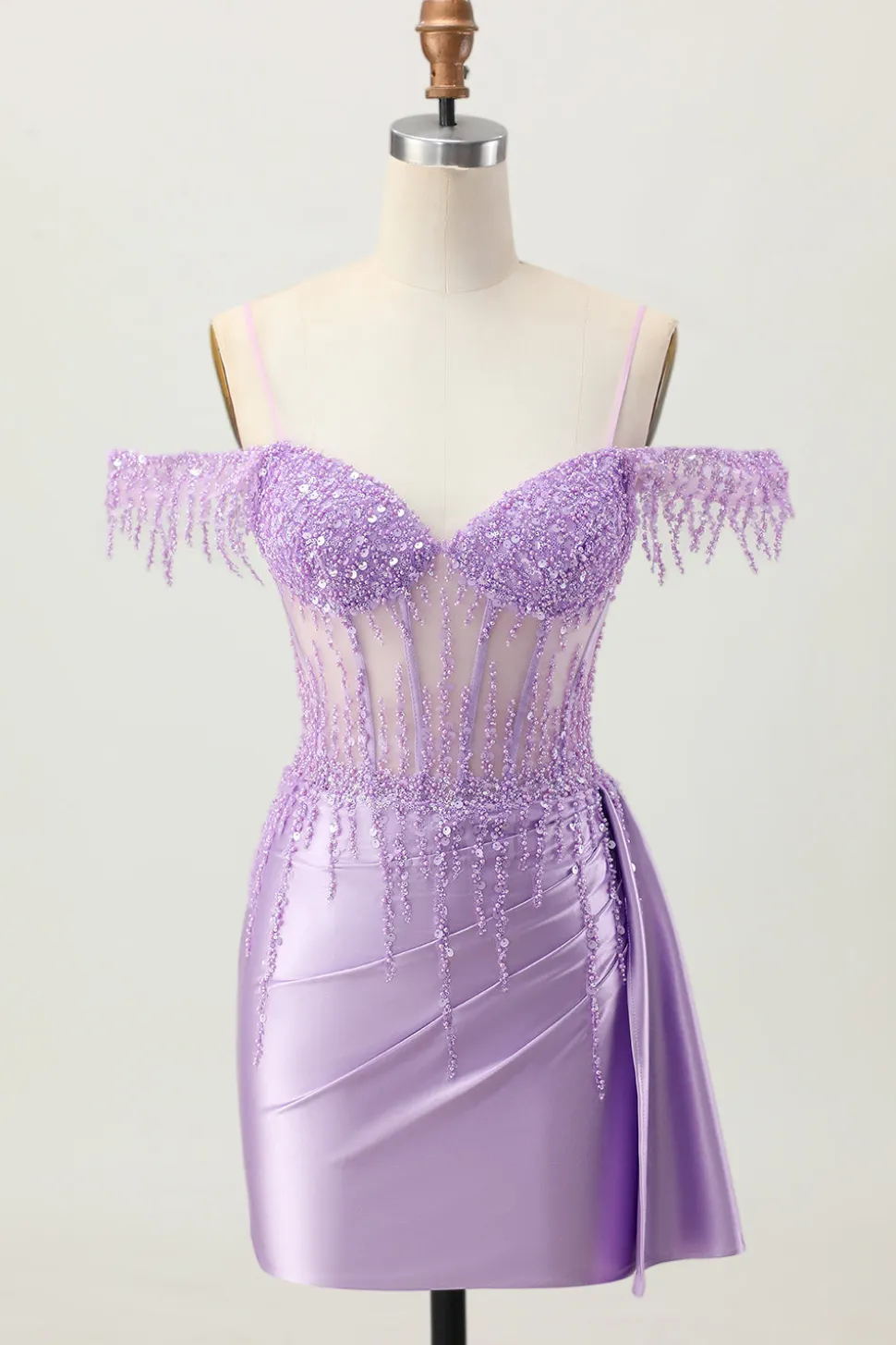 Lilás Sequins Ombro frio frisado espartilho curto Homecoming Dress