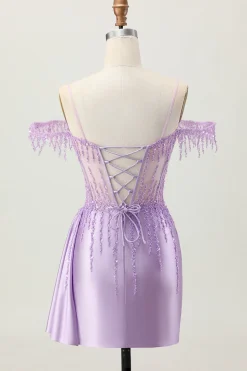 Lilás Sequins Ombro frio frisado espartilho curto Homecoming Dress