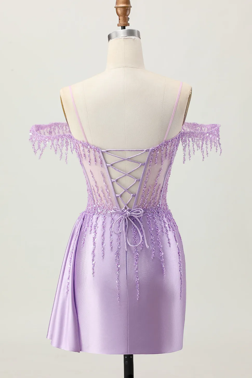 Lilás Sequins Ombro frio frisado espartilho curto Homecoming Dress