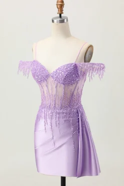 Lilás Sequins Ombro frio frisado espartilho curto Homecoming Dress