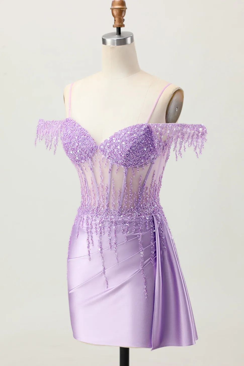 Lilás Sequins Ombro frio frisado espartilho curto Homecoming Dress