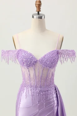 Lilás Sequins Ombro frio frisado espartilho curto Homecoming Dress