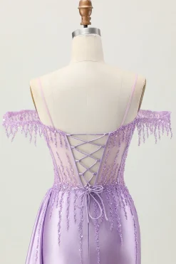 Lilás Sequins Ombro frio frisado espartilho curto Homecoming Dress