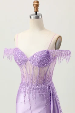 Lilás Sequins Ombro frio frisado espartilho curto Homecoming Dress