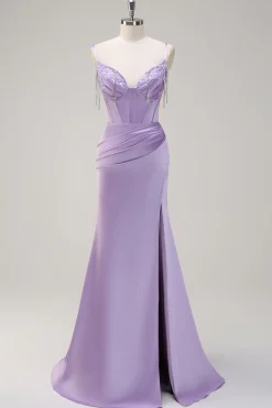 Lilás Sereia Esparguete Correias Ruched Corset Long Prom Dress With Beading