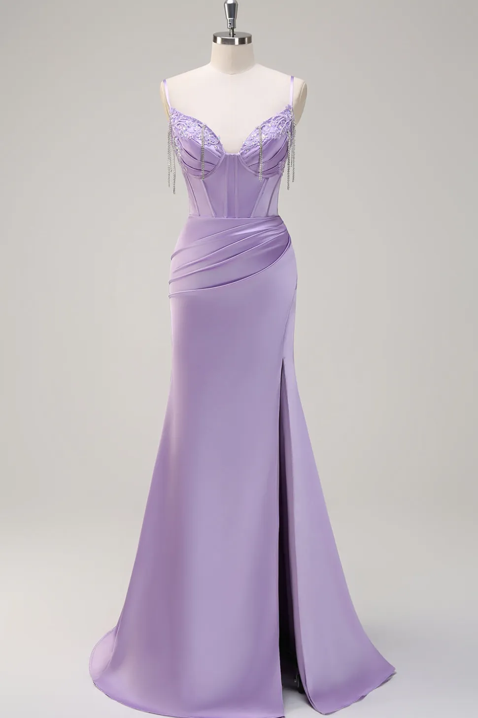 Lilás Sereia Esparguete Correias Ruched Corset Long Prom Dress With Beading