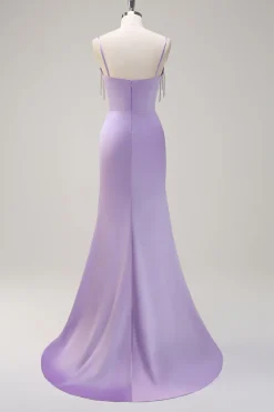 Lilás Sereia Esparguete Correias Ruched Corset Long Prom Dress With Beading