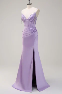 Lilás Sereia Esparguete Correias Ruched Corset Long Prom Dress With Beading