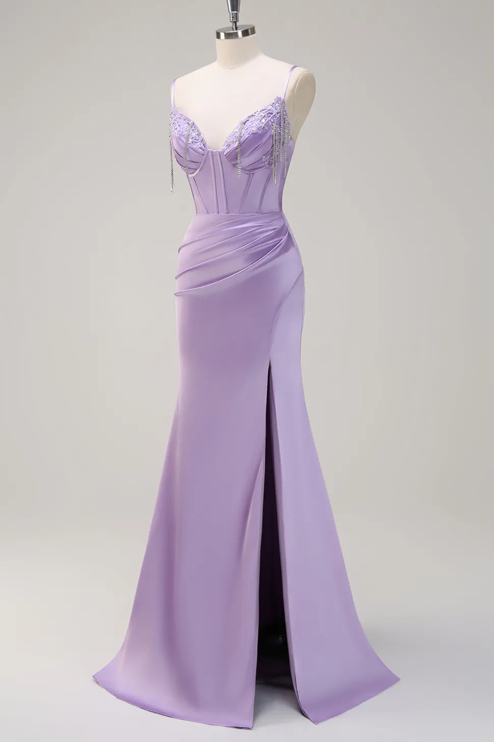 Lilás Sereia Esparguete Correias Ruched Corset Long Prom Dress With Beading