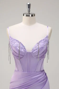 Lilás Sereia Esparguete Correias Ruched Corset Long Prom Dress With Beading